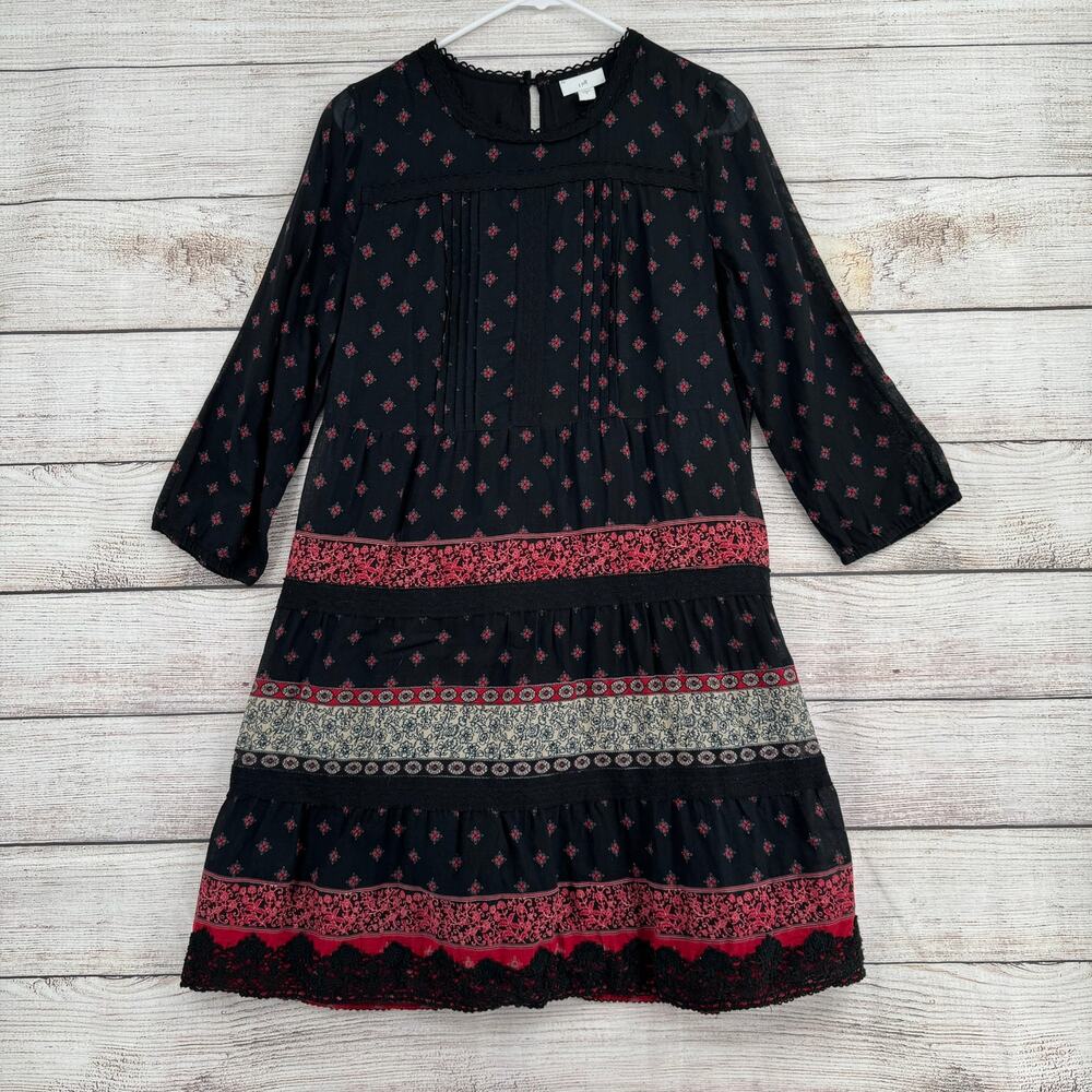 J. Jill Tiered Floral 3/4 Sleeve Dress Womens Small Black Red Beige Ribbon Neck